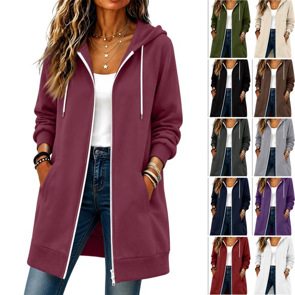 WULMLEO Womens Long Hoodies Lined Long Sleeve Hooded Full Zip Up Sweatshirts Casual Loose Fit Sweater Coat Fashion Winter Jacket with Pocket Wine M