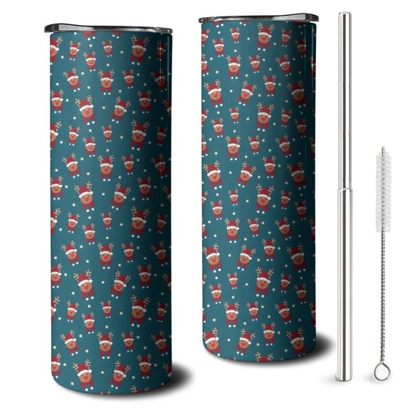 20oz Dark Blue Christmas Reindeer Pattern Skinny Tumblers Stainless Steel Tumbler with Lid and Straw,Vacuum Insulated Double Wall Travel Tumbler Cups with Cleaning Brush for Coffee,Tea