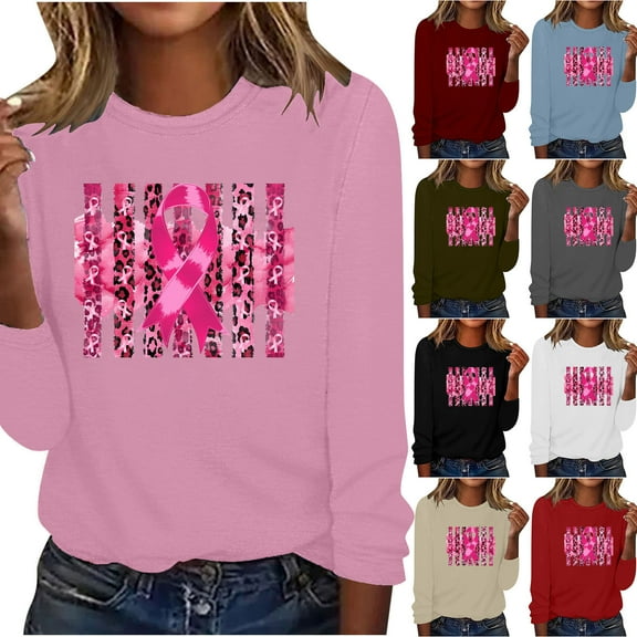 VKOYWKM Long Sleeve Shirts for Women Breast Cancer Awareness T-Shirts Breast Cancer T-Shirt Long Sleeve Pink Ribbon Graphic Tee Tops Fall Crew Neck Loose Fit Breast Cancer Pullover Sweashirt