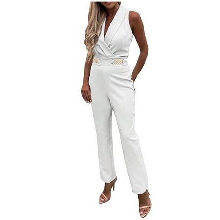 

Women 2023 Summer Jumpsuit Loose V Neck Sleeveless Solid Jumpsuits Wide Leg Jumpsuit Casual Straight Trousers Business Romper formal Bodysuit Backless Suspender Jumpsuit Wyongtao