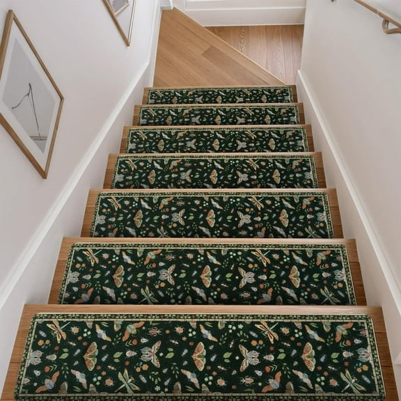 Safaiva Insect Print Stair Treads Non Slip Stair Runners for Wooden Steps Indoor, 15PCS 8"x30" Rubber Backing Carpet Treads for Wood Stairs Staircase Step Treads for Kids & Dogs, Stair Covers, Black