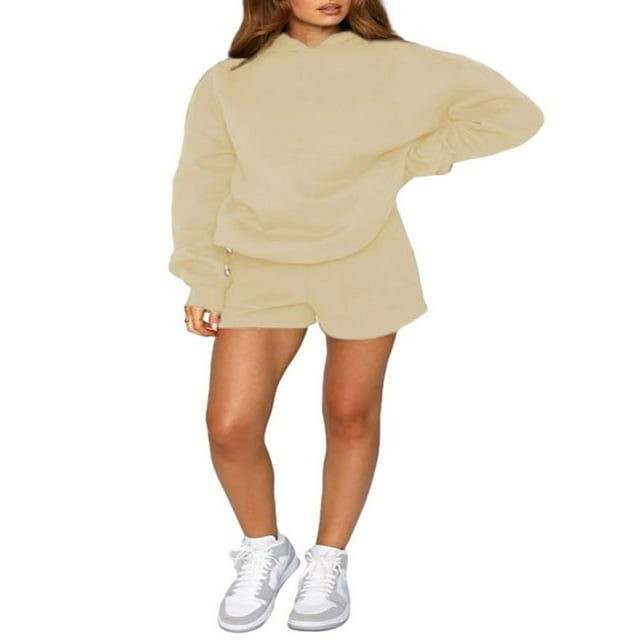 Casual Solid Color Hooded Sweatshirt and Loose Shorts Set for Women