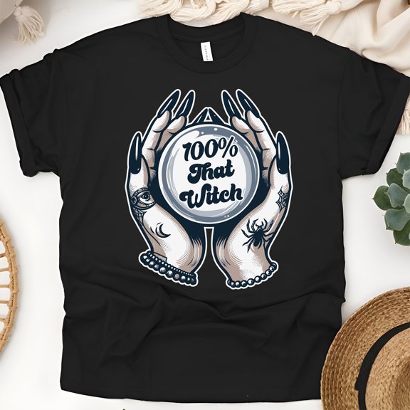 Women's Graphic T-Shirt, "100% That Witch" Halloween Hands, Short Sleeve, Crewneck, Black, Size S
