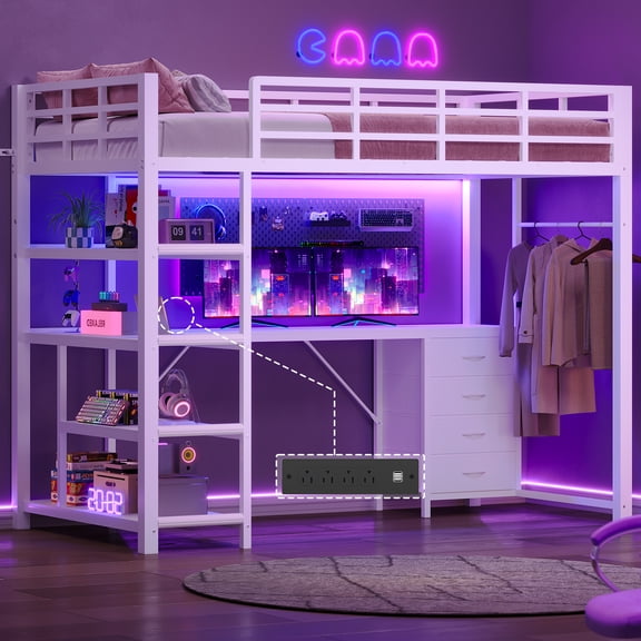 Loft Bed Twin Size with L Shape Desk,4 Drawers,2-Tier Storage Shelves, LED Metal Loft Bed Frame with Power Outlet & Cloth Rack, No Box Spring Needed, Space-Saving, Noise Free, White