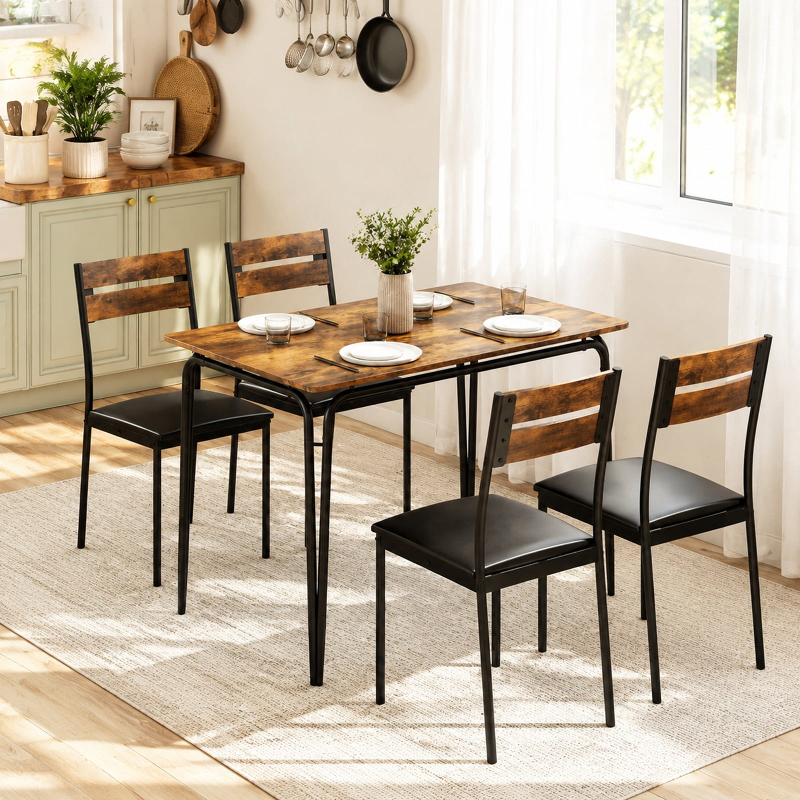 Furnibear 5 Piece Industrial Dining Table Set for 4 with Rectangular Kitchen Table and 4 Armless Upholstered Chairs, Rustic Brown