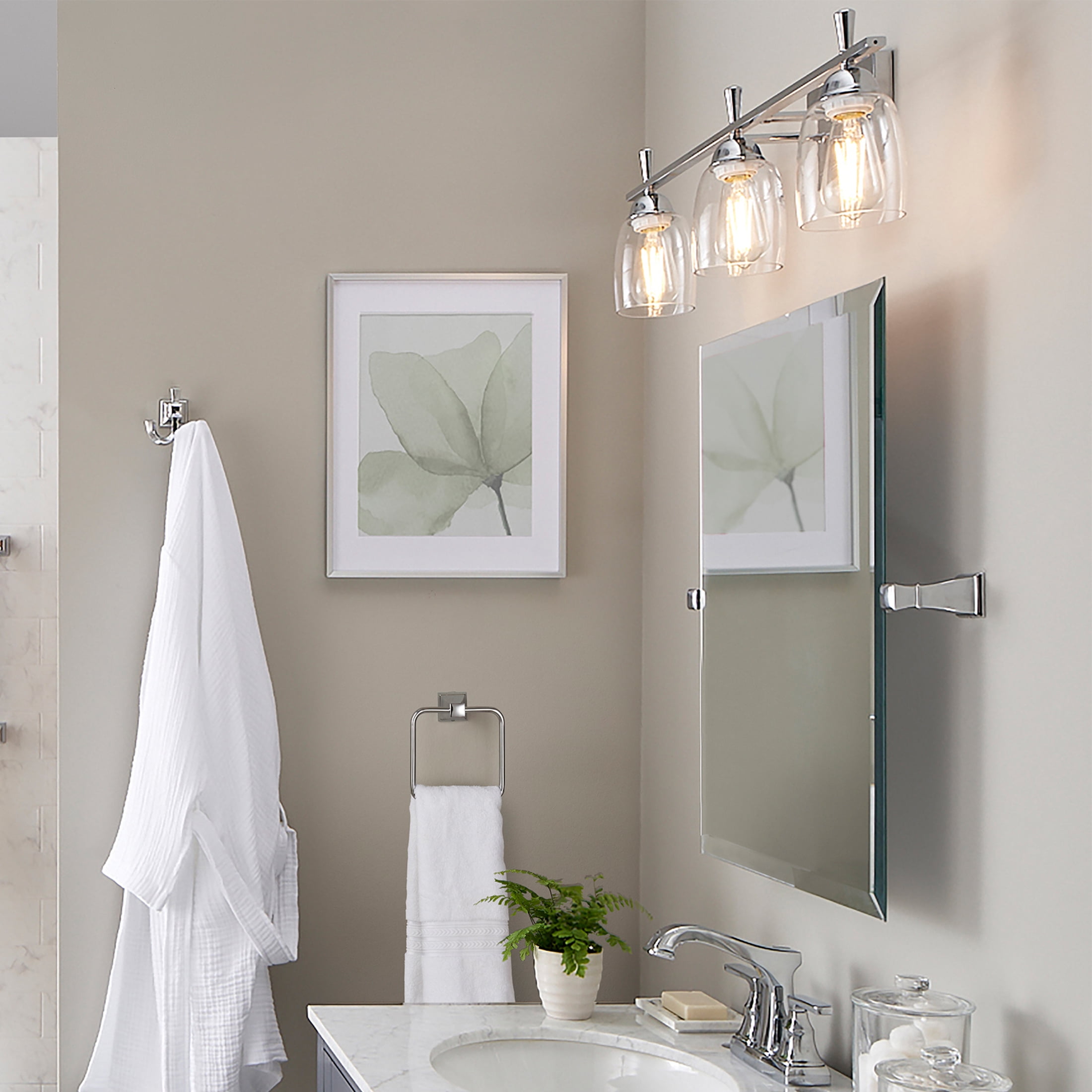 Better Homes & Gardens 24.41" Modern 3-Head Vanity Light, Chrome Finish Clear Glass, ST18 LED Bulbs