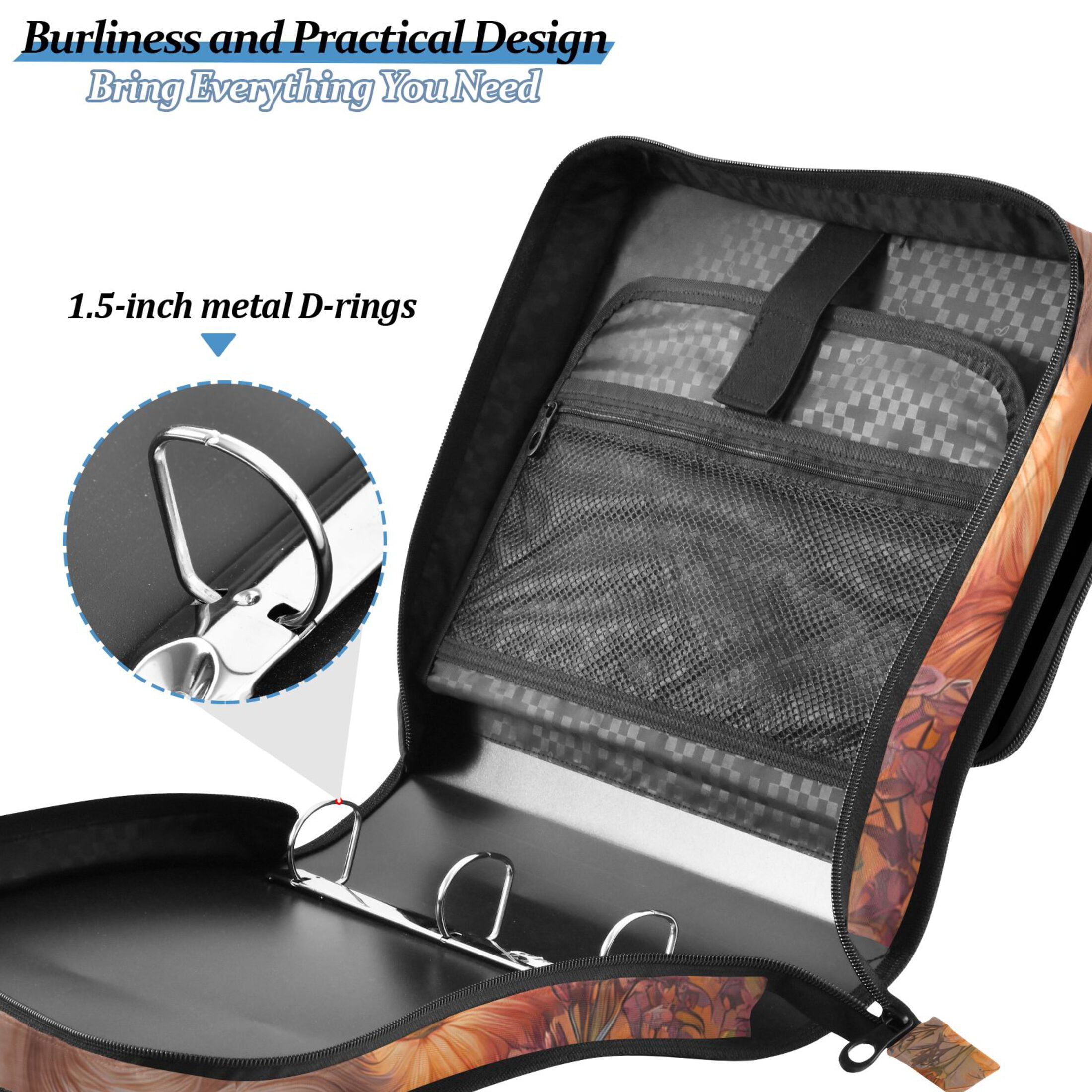 3 Ring Zipper Binder with Shoulder Strap Waterproof Trapper Keeper 2 Inch D-Ring 500 Sheets Capacity Alpaca in Flowers Sea