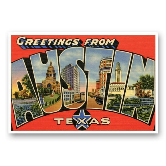 GREETINGS FROM AUSTIN, TX vintage reprint postcard set of 20 identical postcards. Large Letter Austin, Texas city name post card pack (ca. 1930's-1940's). Made in USA.