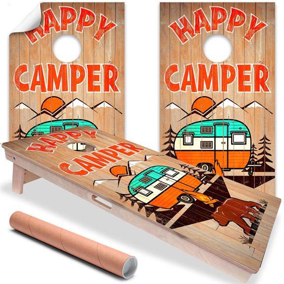 Cornhole Board Wraps and Decals for Boards Set of 2 Skins Professional Vinyl Covers Sticker Happy Camper Wooden Plank Style Cornhole Wraps Stickers Cornhole Skins Cornhole Wraps for Boards