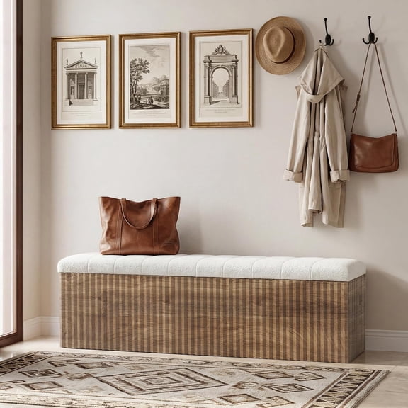 Finmind 63" Upholstered Storage Bench with Cushion, Farmhouse Entryway Bench with Lift-Top, Padded Ottoman for Bedroom, Living Room, Hallway