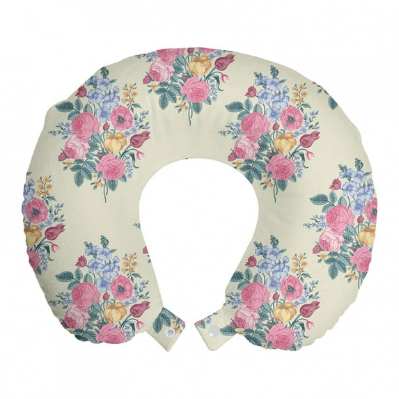 Floral Travel Pillow Neck Rest, Vintage Floral Drawing Style Classical in Pastel Colors Rhythmic Pattern, Memory Foam Traveling Accessory Airplane and Car, 12", Eggshell Multicolor, by Ambesonne