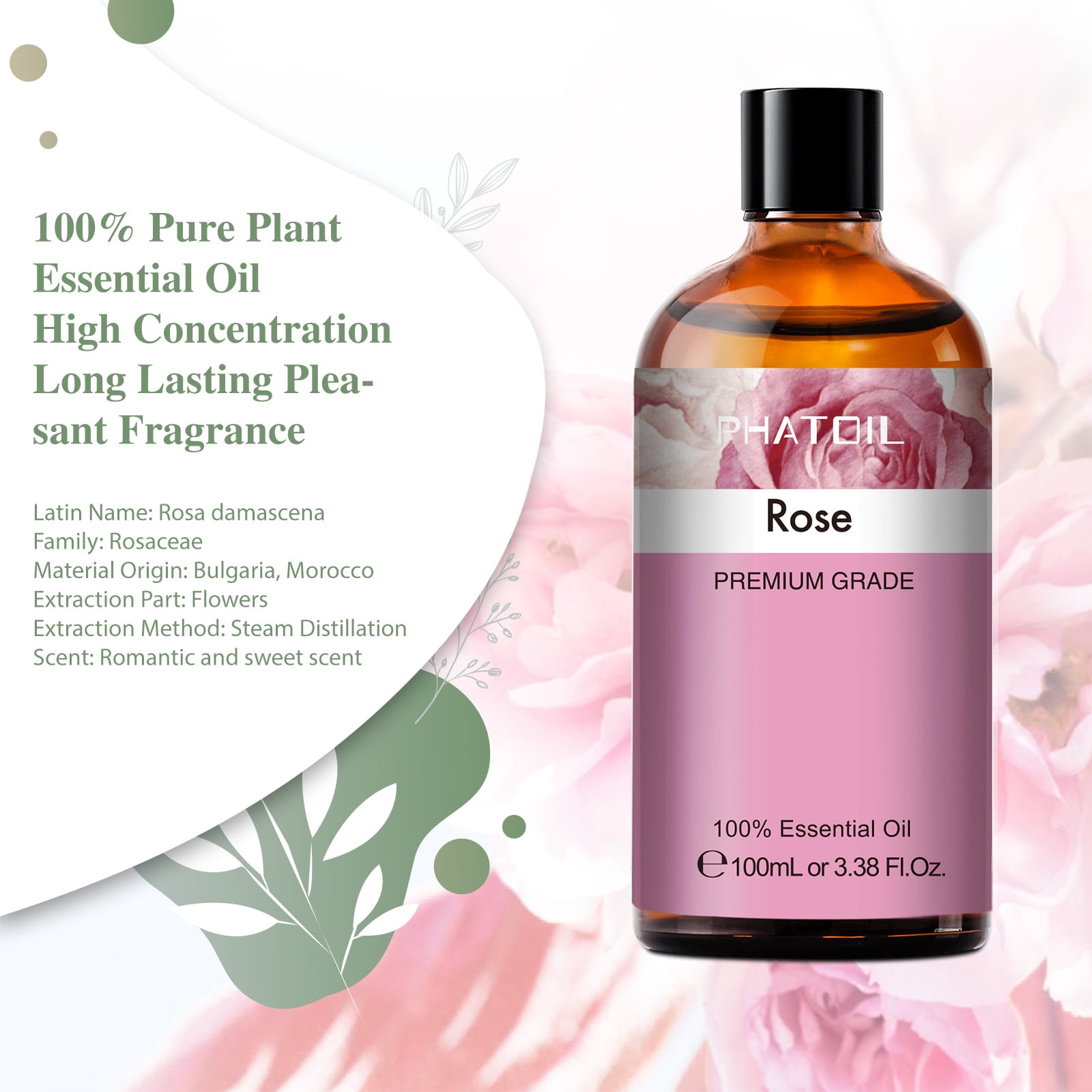 PHATOIL 2-Pack 100% Pure Rose Essential Oil for Face, Body Care,Diffuser,Candle Making,Humidifiers,100ml/3.38 fl.Oz