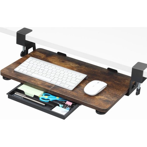 Small Keyboard Tray Under Desk .; X .; Small Size Keyboard Drawer with C Clamp-on Mount Easy to Install Pull Out Sliding Computer Keyboard Stand () (Wood)