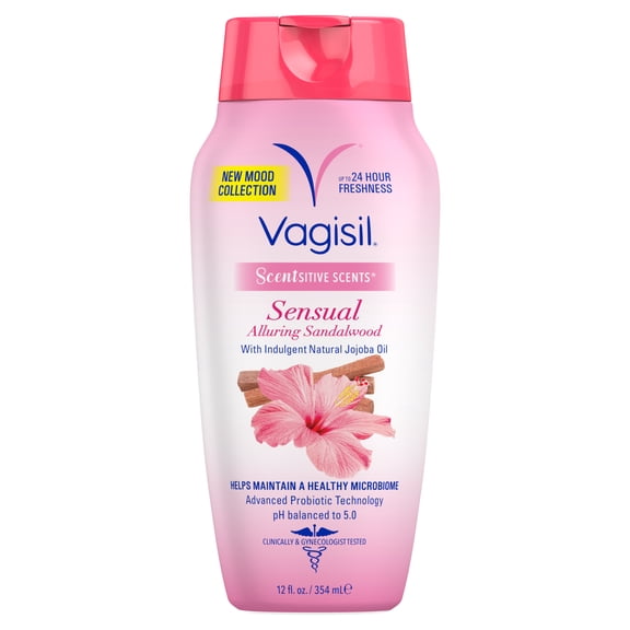 Vagisil Feminine Wash for Intimate Area Hygiene, Scentsitive Scents, pH Balanced and Gynecologist Tested, Alluring Sandalwood, 12 fl oz