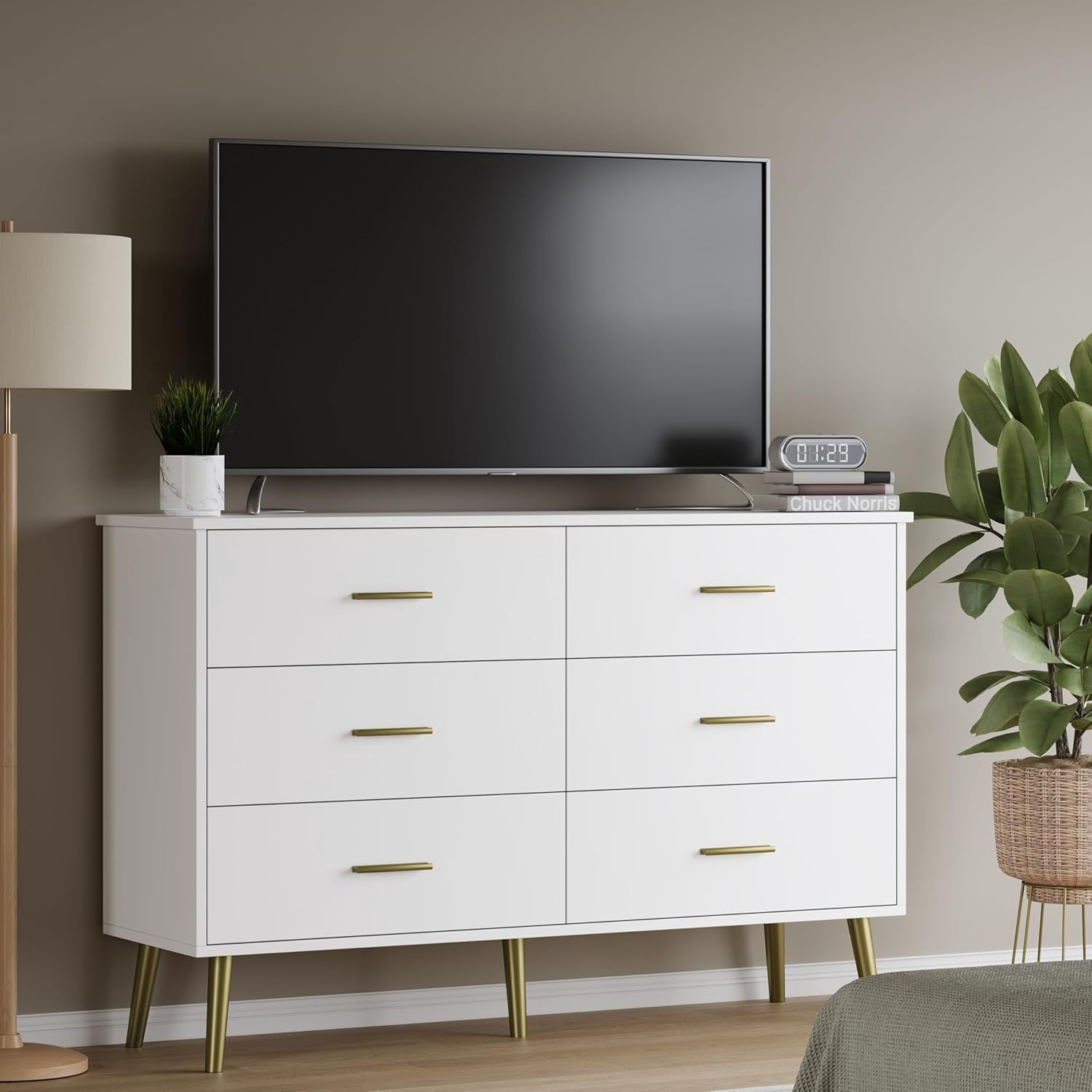 FANRAL 6 Drawers Dresser for Bedroom,Wood Modern Chest of Drawers with LED Light,Metal Support Feet,White Gold Dresser