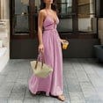 thumbnail image 5 of Women's Beach Dress Striped Halter V-Neck Maxi Sundress Tunic Open Back Vacation Summer Dress Hot Pink XL, 5 of 8