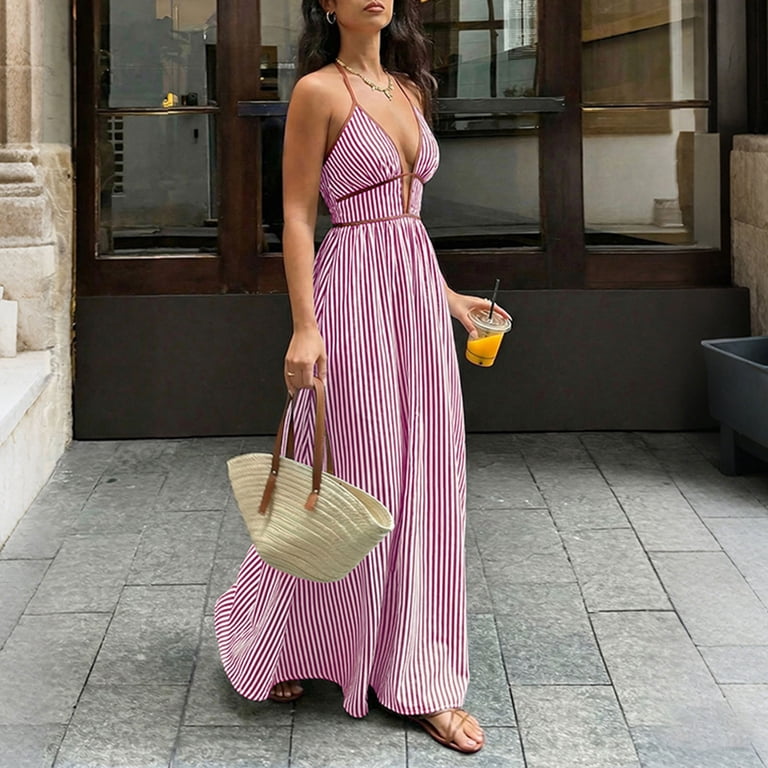 pink striped halter dress Vbvc Women's Maxi Dress,Ladies' Plunge Neck Smocked Waist Flowy Dress,Casual Cutout Waist Beach Sundress For Women,Hot Pink,S-XL, Size colour_emeraldgreen