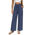 thumbnail image 4 of Lmueinov Women Summer Drawstring Waist Wide Leg Pants Linen Blend Elastic Waist Casual Trousers with Pockets Soft Breathable Summer Pants, 4 of 7