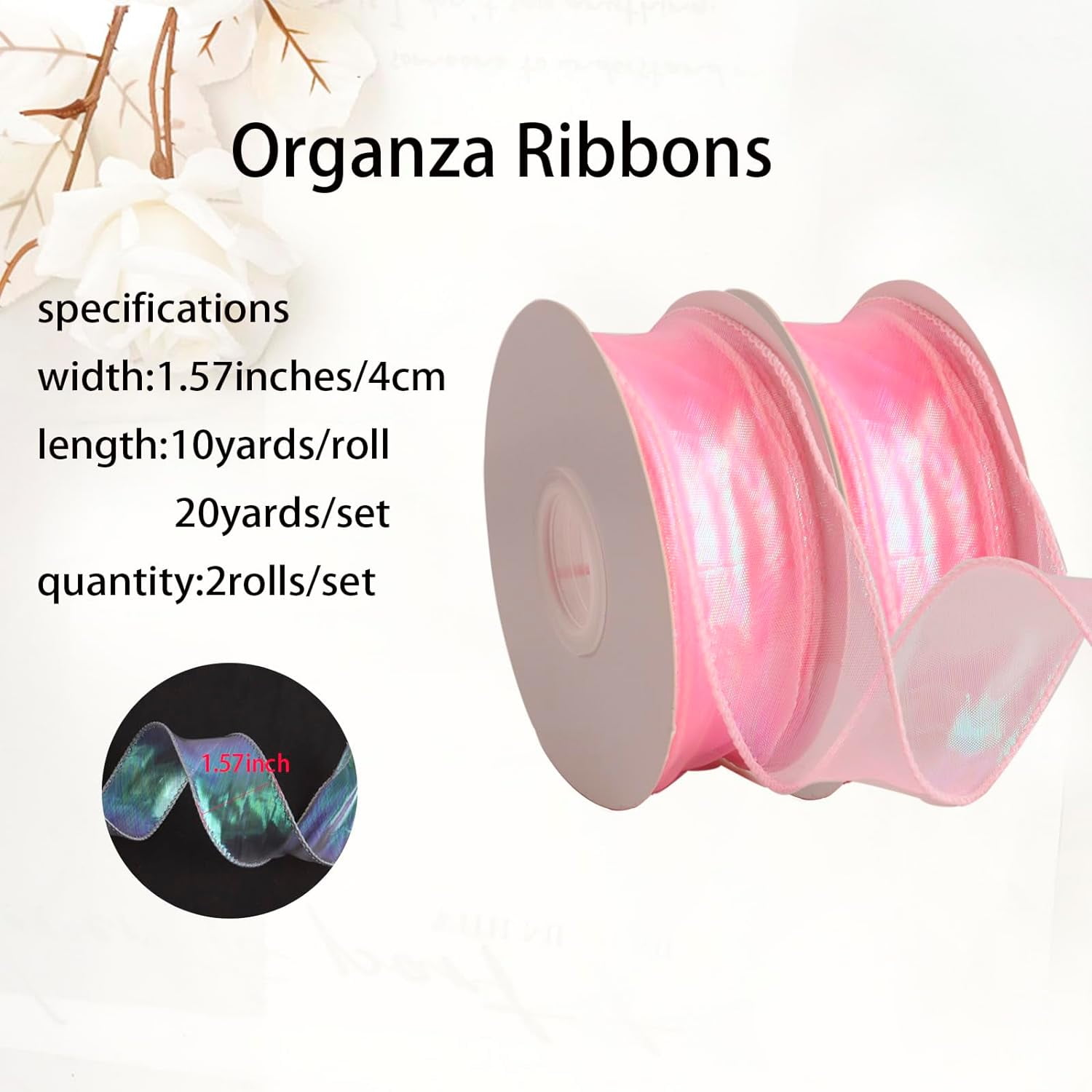 2 Rolls Laser Pink Organza Ribbon 1-1/2 Inch Wide 10 Yards for Gift wrap Bow DIY Craft Bouquet Wreath Baking Baby Shower Wedding Parties Valentine Christmas Tree Decoration