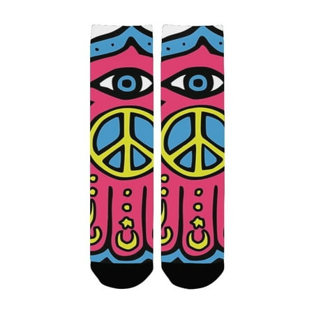

Hamsa Decor Hippie Boho Style Hamsa Hand of Fatima with Peace Sign in the Palm Ethnic Indian Art Pin Women s Custom Socks (Made In USA)