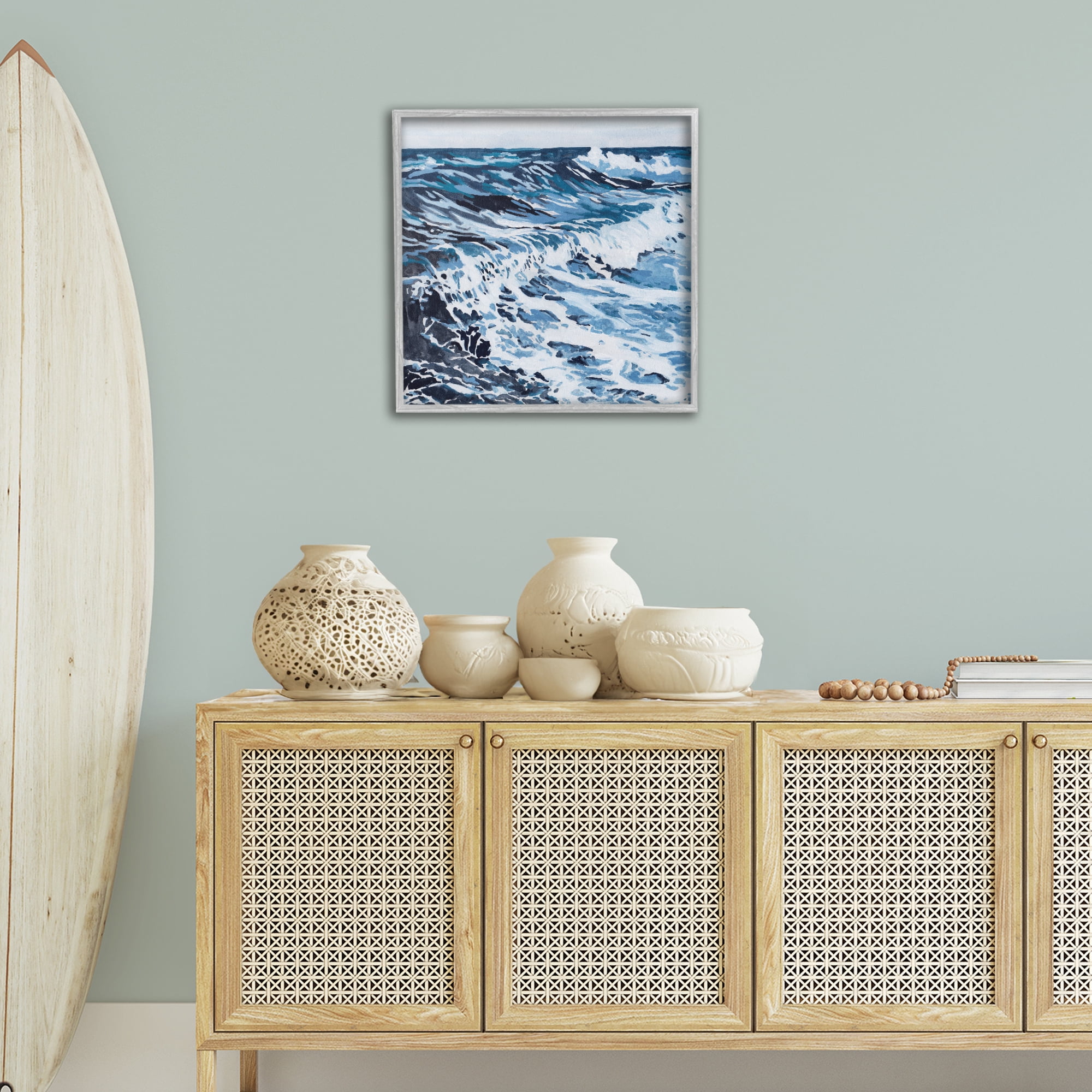 Stupell Industries Blue Rolling Waves Landscape Painting Gray Framed Art Print Wall Art, 24 x 24