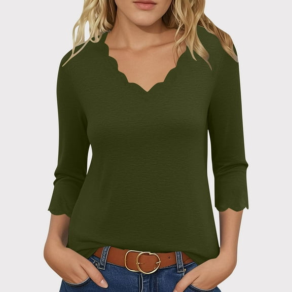 Fznquz 3/4 Length Sleeve Women's Tee Shirts Dressy Casual Plain Green T Shirts Fall V Neck Solid Color Blouse,M