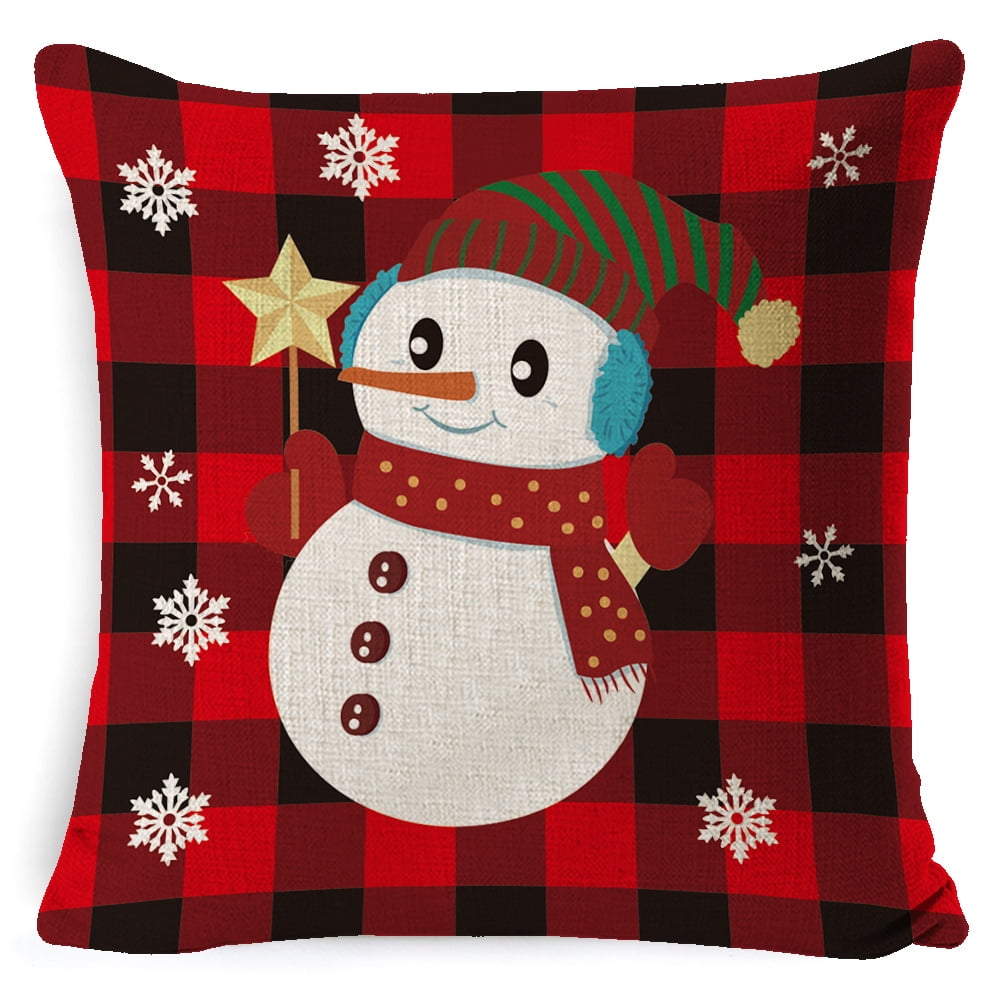Merry Christmas Pillow Covers, Cute Snowman Red Plaid Elk Tree
