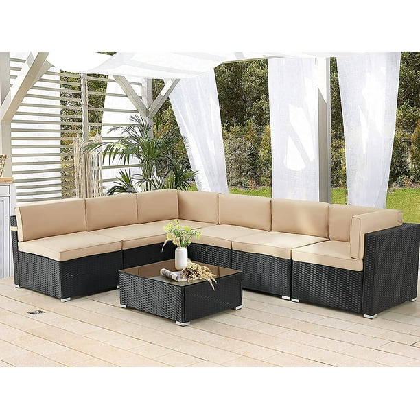 Aecojoy 7 Pc Outdoor Patio Sectional Set Beige Rattan Com Aecojoy 7 Pc Outdoor Patio Sectional, Comfy Outdoor Furniture Set