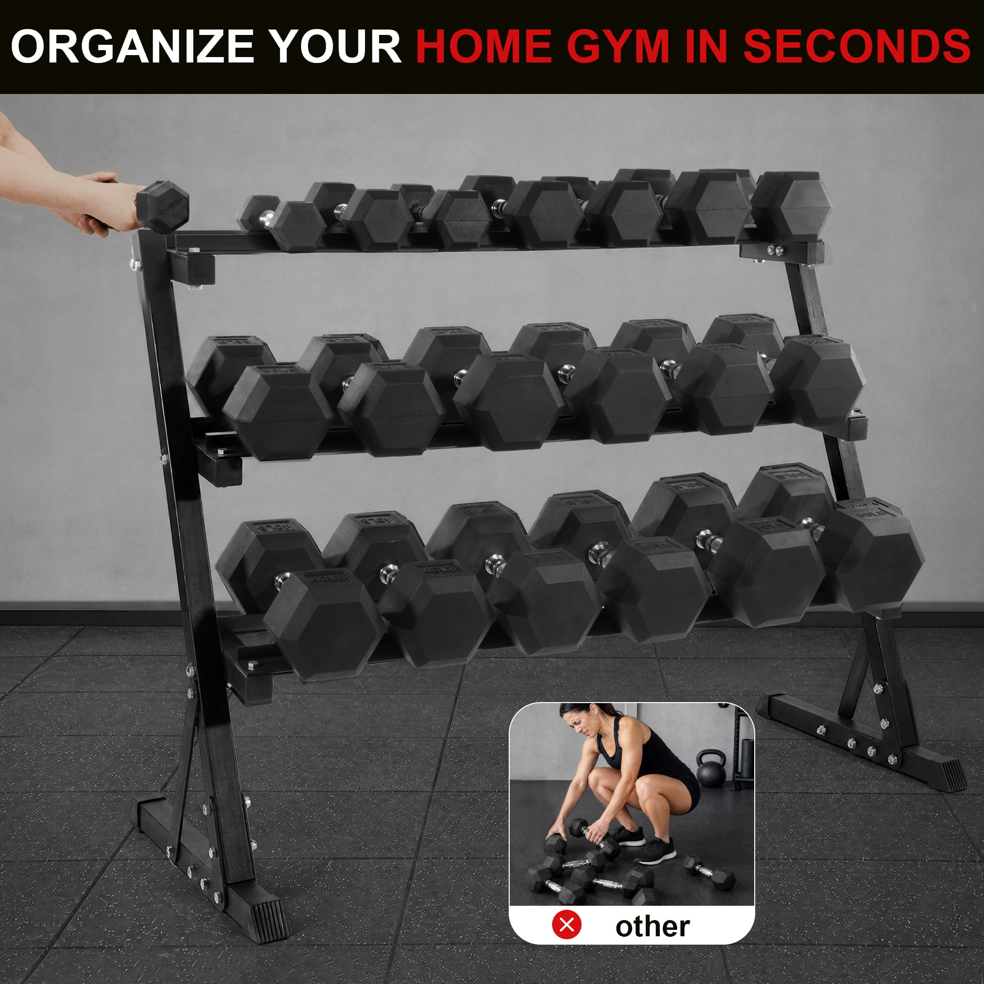 Sprint Demon 550 LB Rubber Hex Dumbbell Set with 3-Tier Storage Rack, 5-50 LB Free Weights Set for Home Gym Strength Training