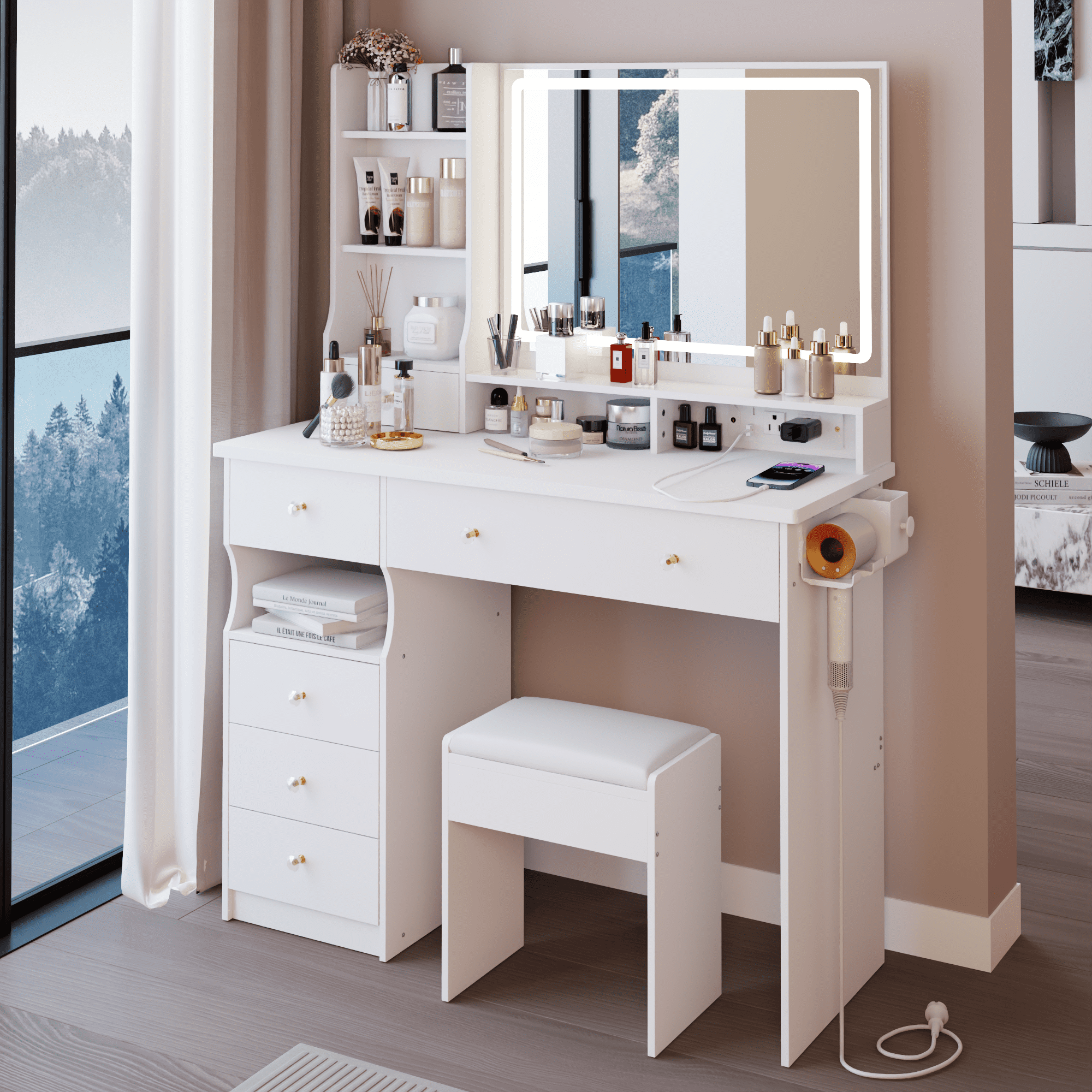Euroco 41" Large Size Left Drawer Desktop Vanity Table+Cushioned Stool Dresser Set, 2 AC+2 USB Power Station, Hair Dryer Stand, Extra Large Touch Control LED Mirror