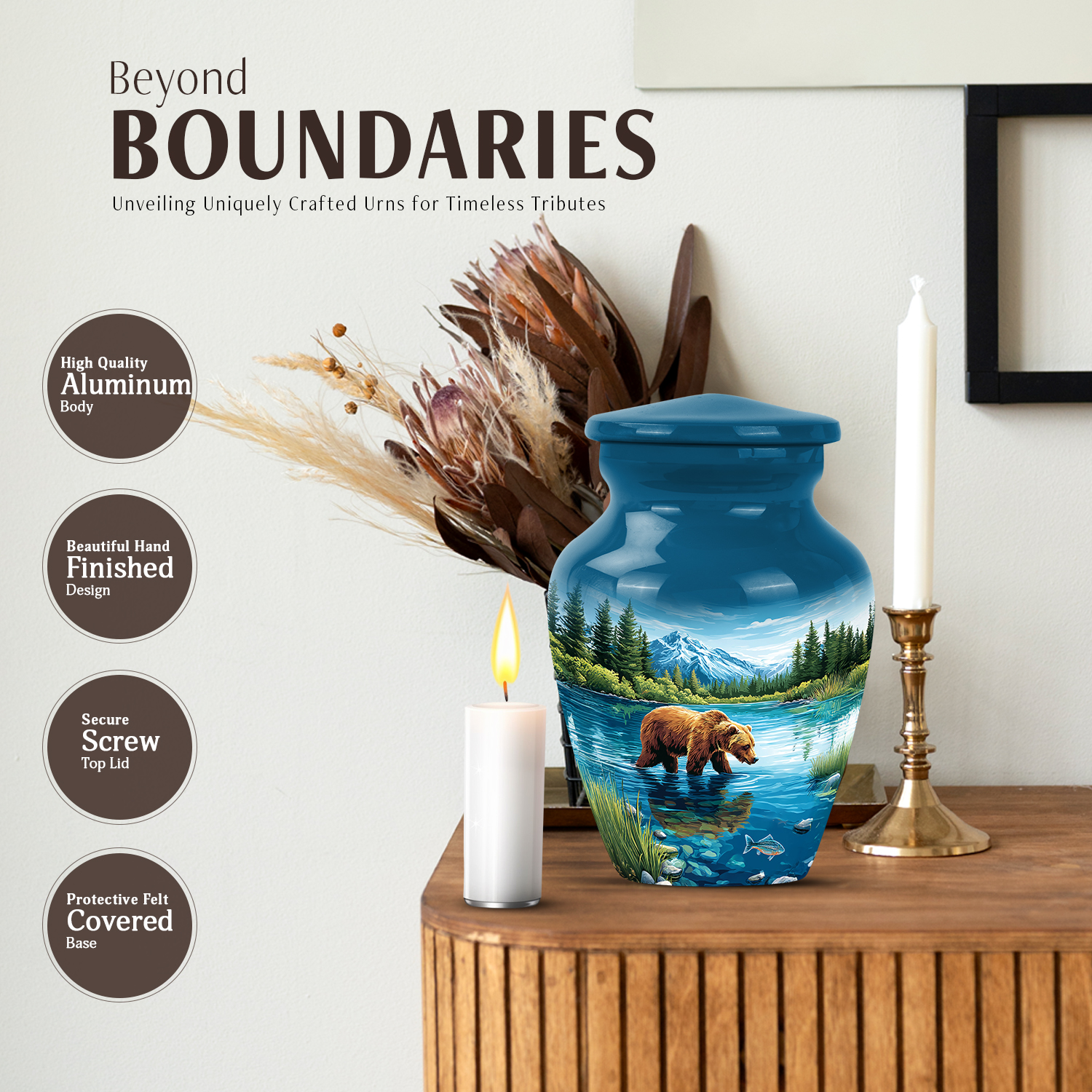 JAGASY Bear Small Urn for Sister, Blue Urn for Human Ashes Keepsake, River Trees Mountain & Blue Sky Decorative Urns for Siblings, Memorial Tiny Urns for Brother, (3 Inch)