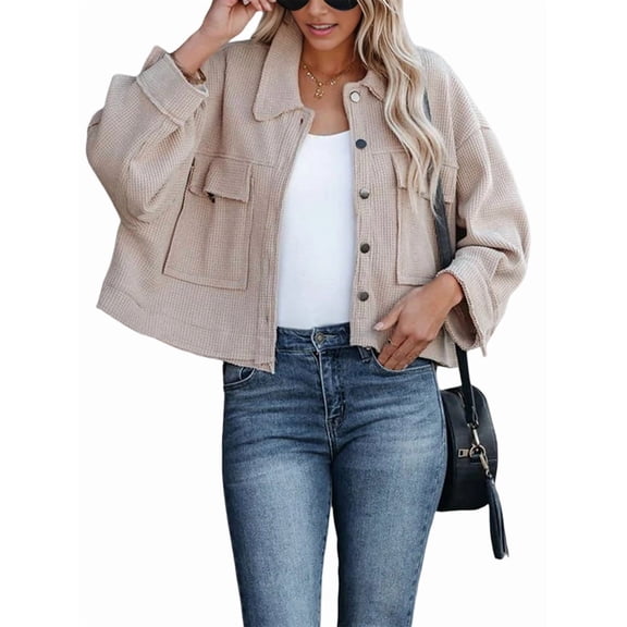 Women'S Cropped Button Down Long Sleeve Jackets Raw Hem Jacket with Pockets Winter Fall Coat Khaki L