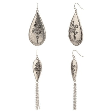 The Pioneer Woman Adult Female Silver-Tone Metal Floral Etched Drop 2pc Earring Set