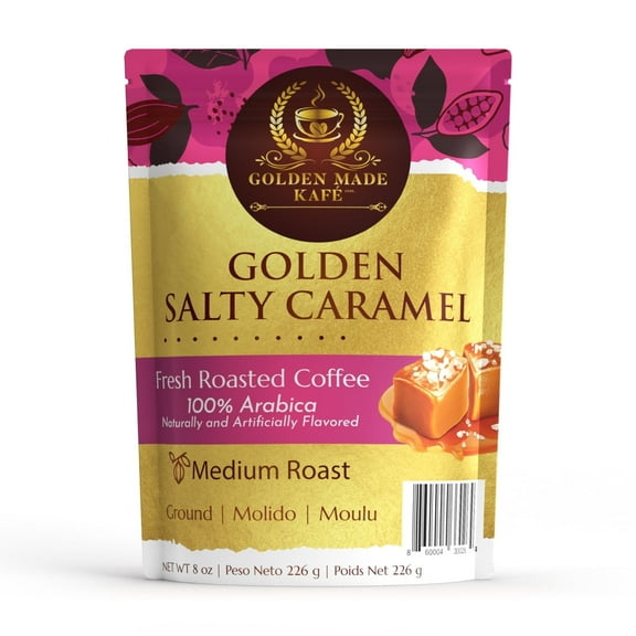 Golden Made Kafe Premium Arabica Ground Coffee,  Golden Salt Caramel Flavor, 8 oz. Re-sealable Pack