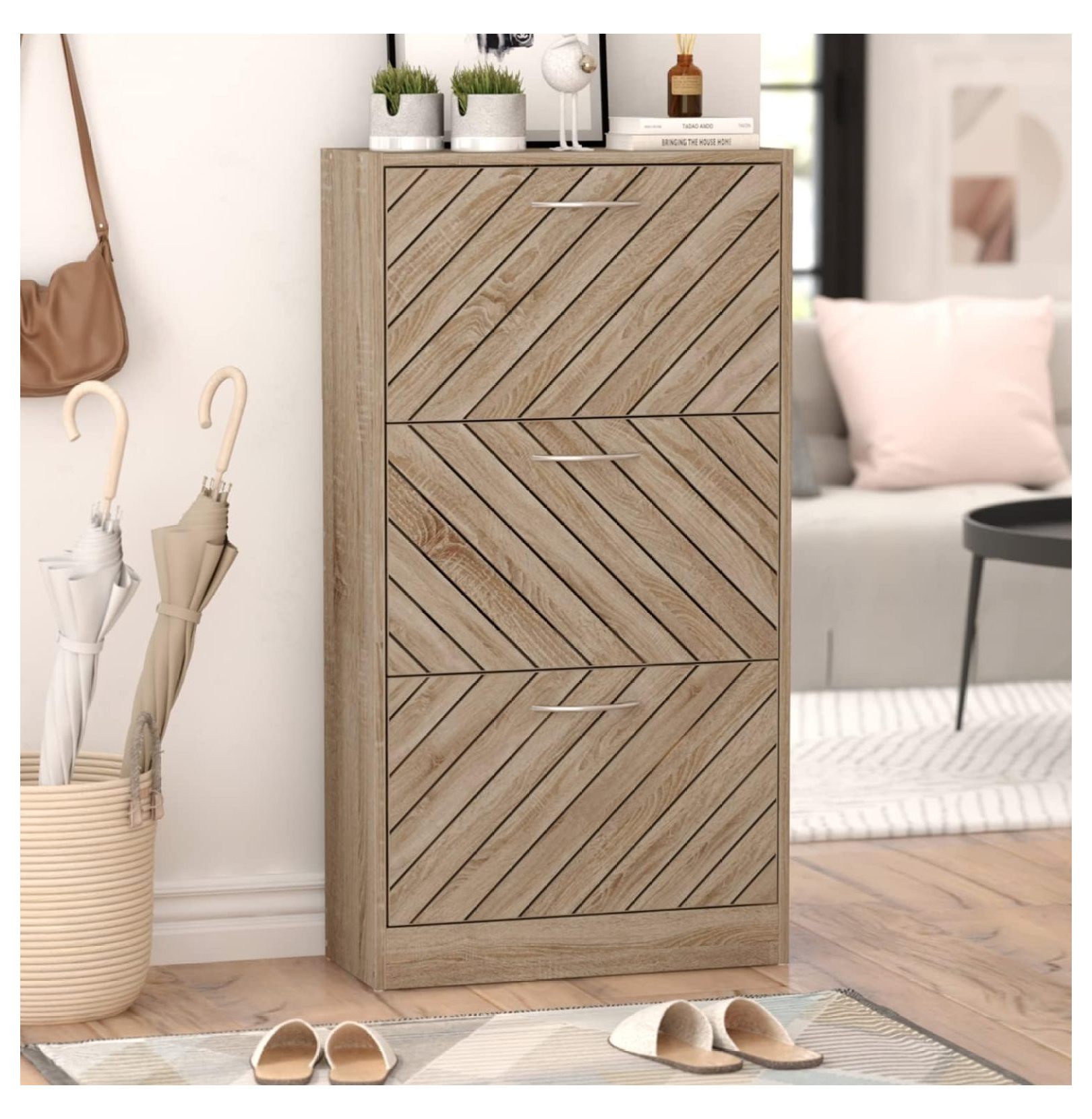 Modern Shoe Storage Cabinet with 3 Drawers & Twill Louver Doors, Wood 3-Tier Shoe Rack Storage Organizer for Entryway, Hallway & Bedroom, Brown (22.4”L x 9.4”W x 42.3”H)