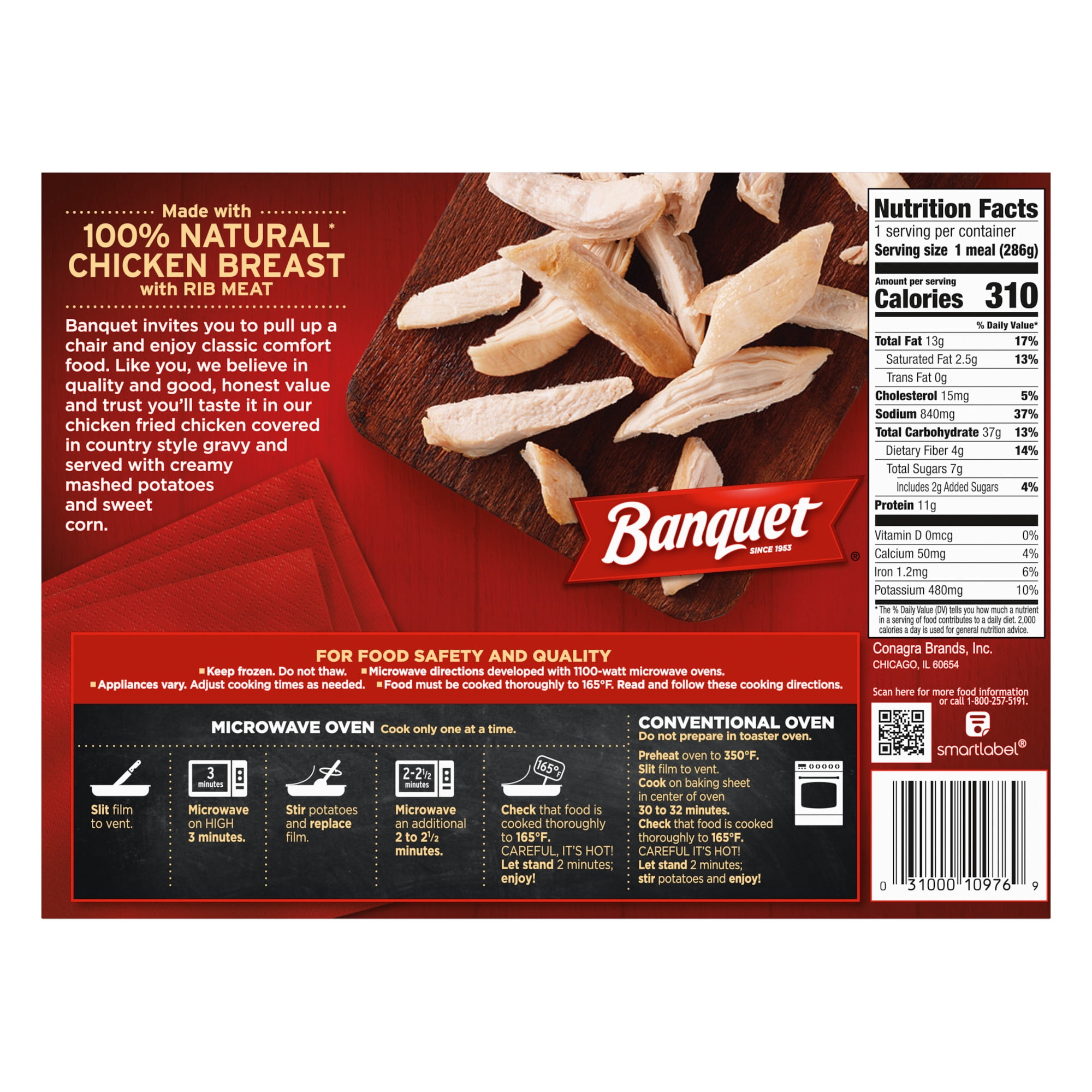 Banquet Chicken Fried Chicken with Mashed Potatoes, 11g Protein, Frozen Meal, 10.1 oz.