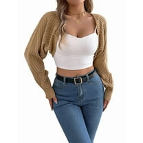 Women'S Y2K Crochet Shrug Sweater Open Front Long Sleeves Batwing Knit Cropped Cardigan Khaki XL