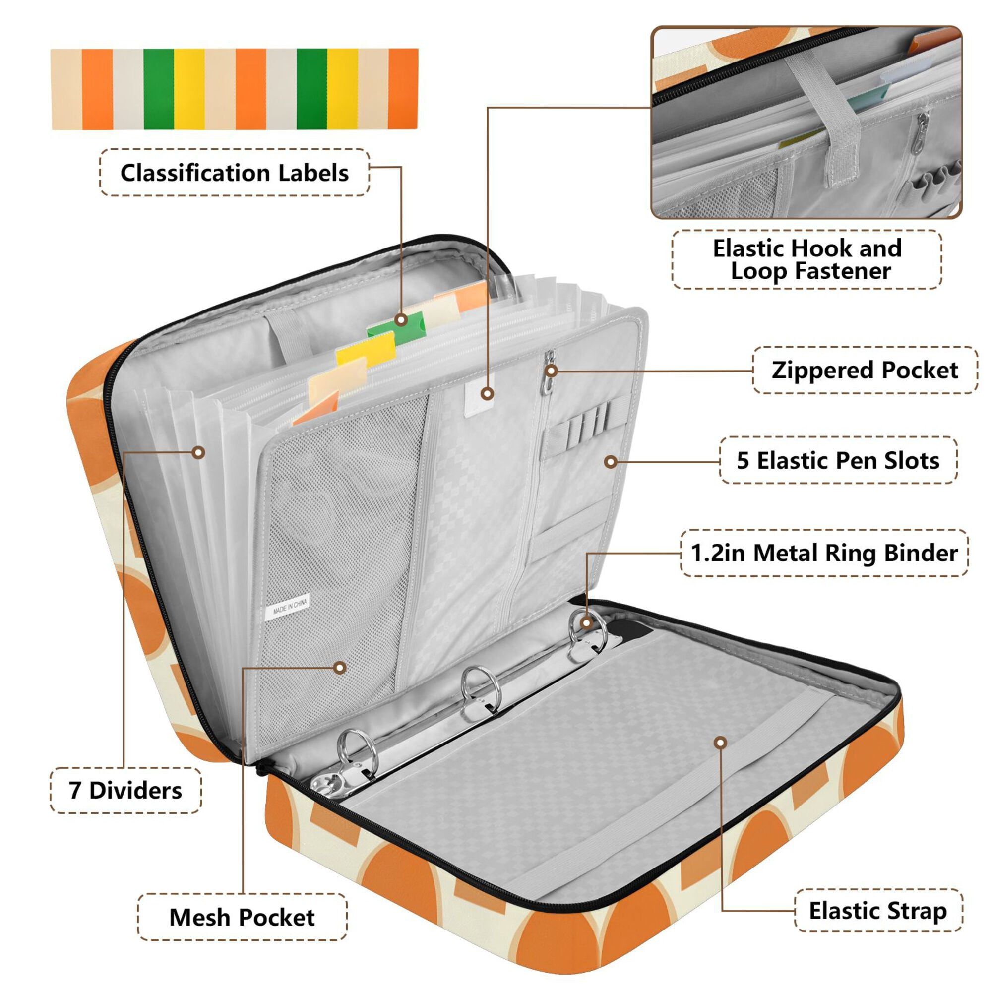 FORMRS Accordion File Folder A4 Size 7-Pocket Expanding Document Organizer Bag with 3 Ring Binder, Orange Geometric Pattern