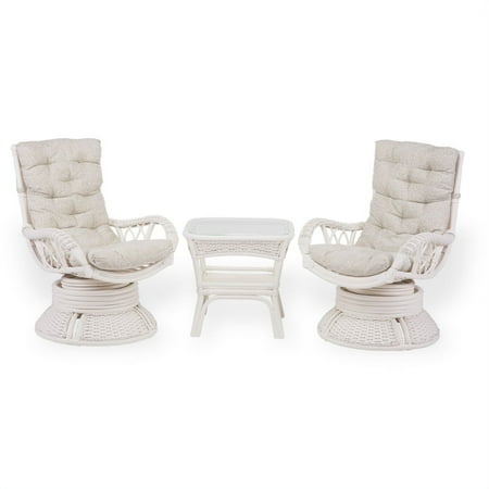 Set of 2 Alexa Swivel Rocking Armchairs and Square Coffee Table Natural Rattan Wicker Handmade Design with Cushion  White Color