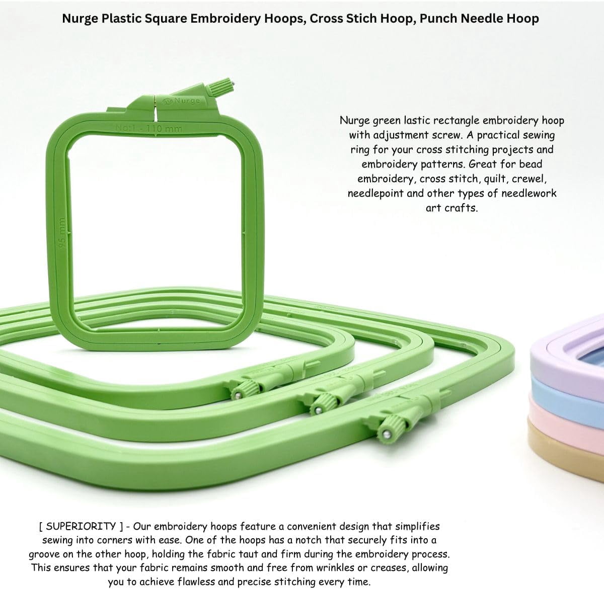 Nurge 4-Piece Square Cross Stitch Hoop Set, ABS Plastic, Multi-Size, Green