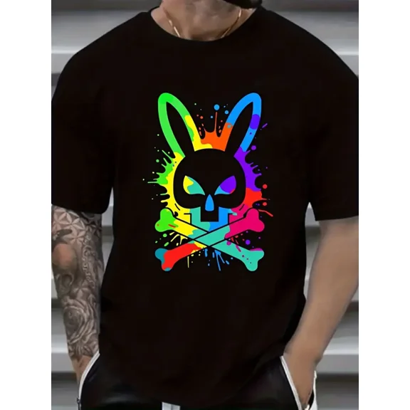 Men's & Women's Black Neon Glow-in-the-Dark Rabbit Skull & Crossbones Graphic T-Shirt - Breathable Short Sleeve Crew Neck Casual Streetwear, Spring & Party Wear, Comfortable