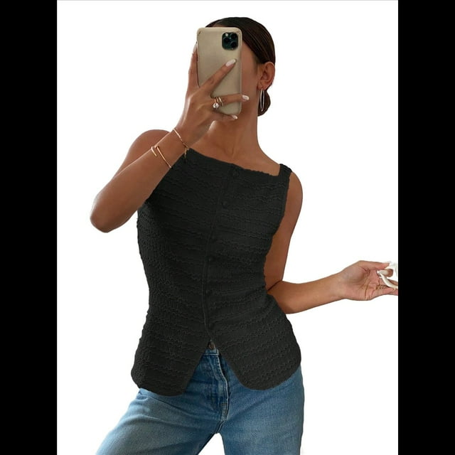 Camiseta de Tirantes para Mujer, , con Botones, Asimétrica, Estilo Y2K, para Salir. Negro S