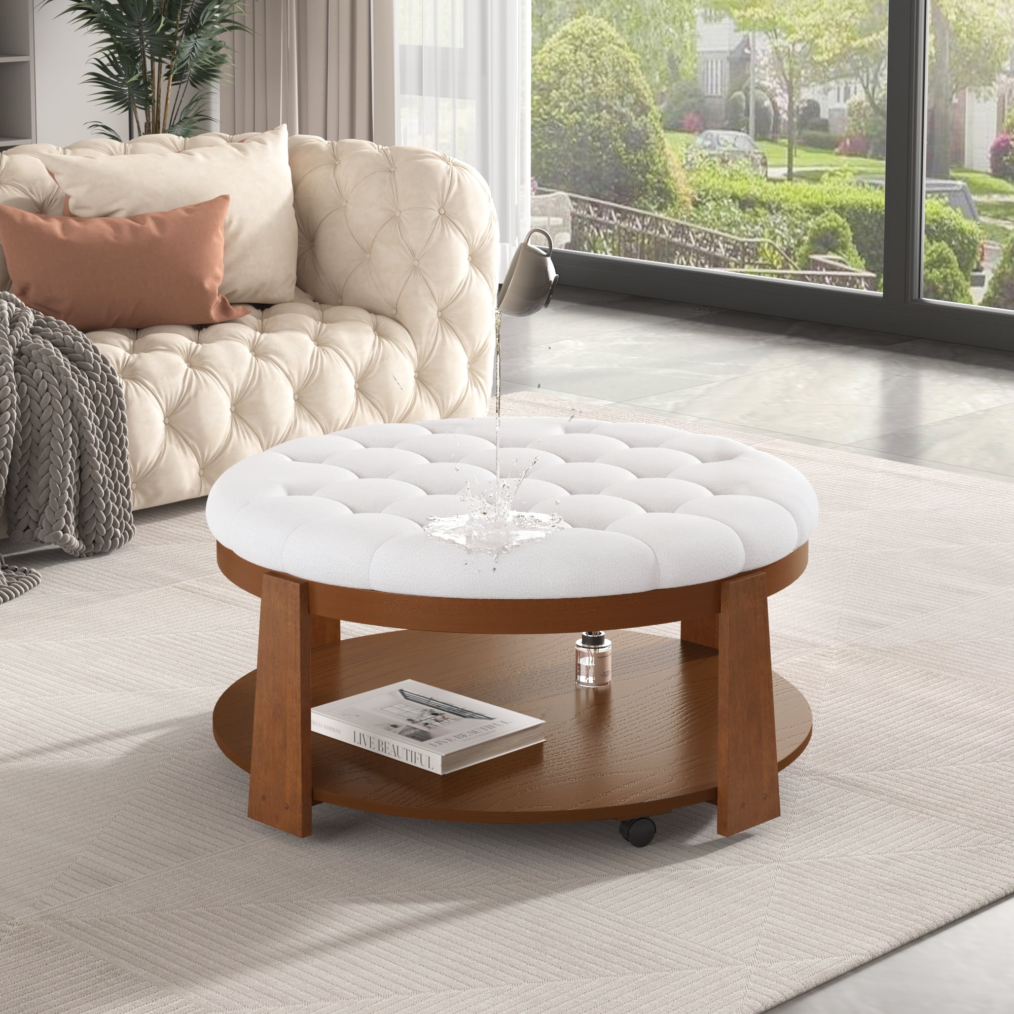 Euroco Large Round Ottoman Coffee Table 2-Tier Oversized Button Tufted Ottoman with Wood Shelf Storage Upholstered Coffee Table for Living Room Footrest Ottoman with wheel