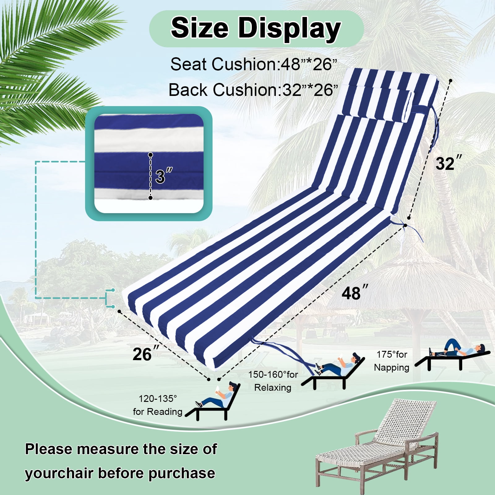 DTTRA Chaise Lounge Cushions Outdoor, 80 x 26 x 3 Inch, Waterproof Lounge Chair Cushion for Outdoor Furniture, Patio Lounger Pads with Removable Cover Ties Pillow for Pool, Garden Loungers