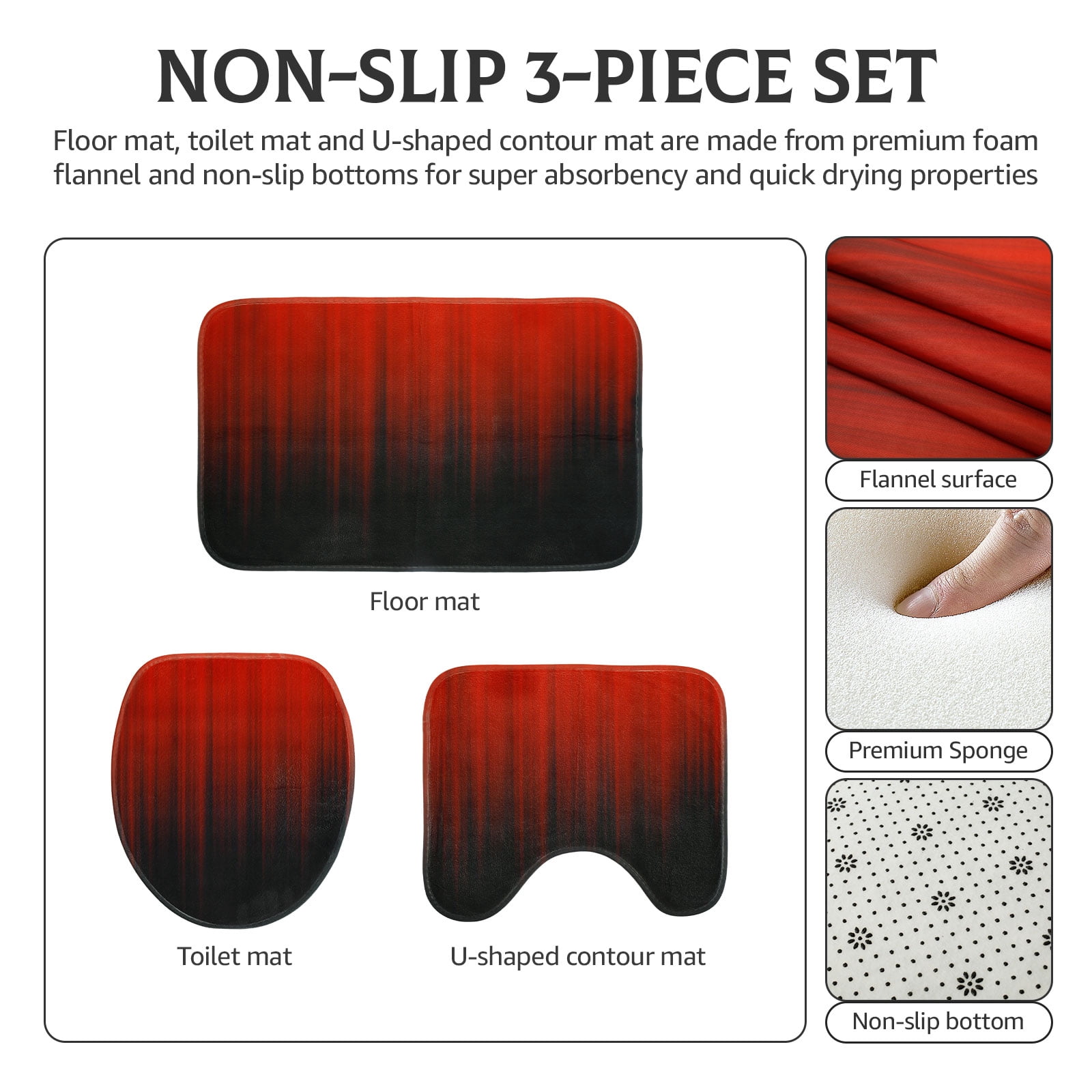 Dznils Black and Red Ombre Shower Curtain Set with Rug, 16pc Modern Bathroom Decor Set, 72" x 72"