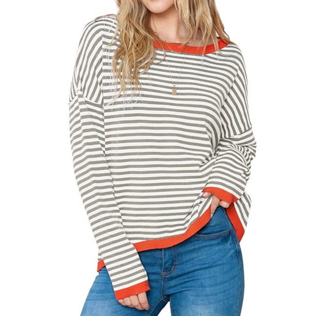 New Knitted Sweater Stripe Contrast Color Design Shoulder Long Sleeve