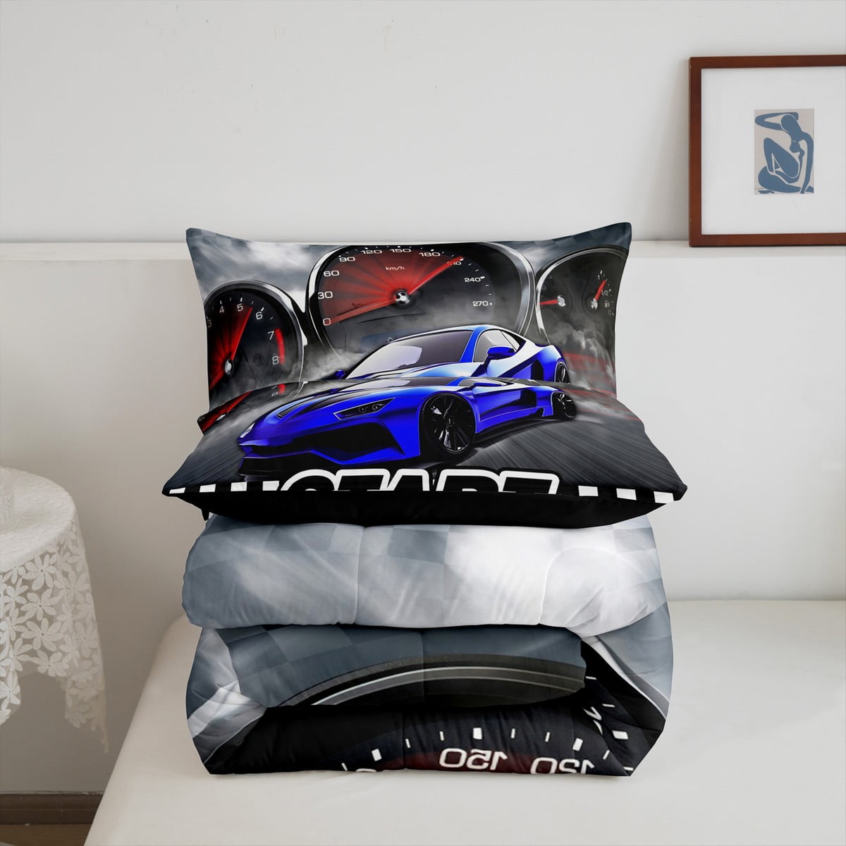 Race Car Comforter Sets Cool Sports Car Bedding Queen Size Man Extreme Sports Duvet Quilt Blue Racing Car Print Black and White Grids Decor Comforter 3 Pcs with 2 Pillowcases