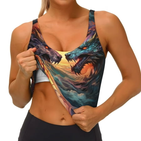 Qokaie Colorful Wave Dragon Head Pattern Womens Scoop Neck Sports Bra Breathable Workout Vest Padded U Back Medium Impact Fitness Gym Yoga Bra Workout Crop Top