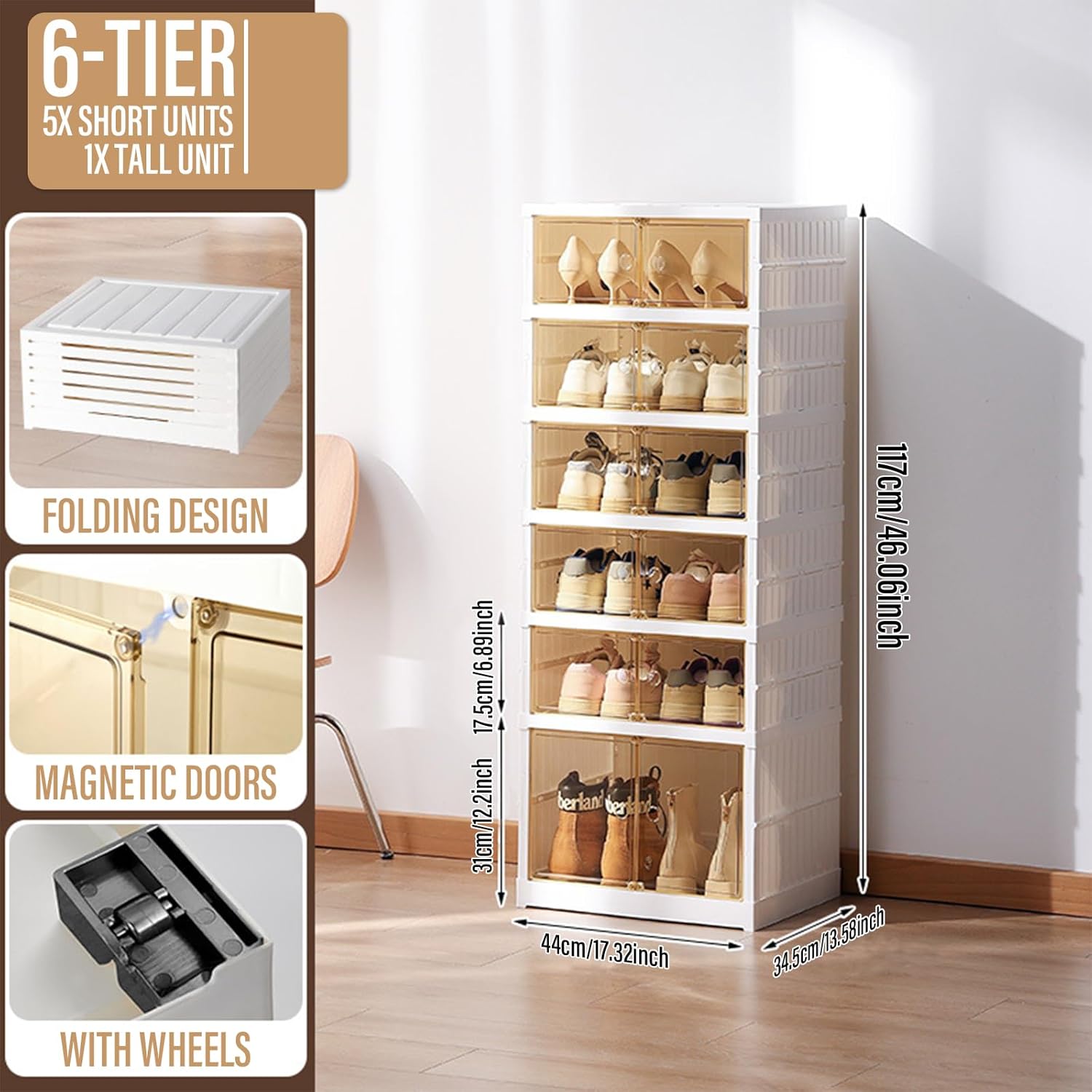 6 Tier Foldable Shoe Rack Organizer Clear Collapsible Storage Box with Magnetic Door Stackable Shoe Cabinet Bin for Closet Entryway (6 Tier)