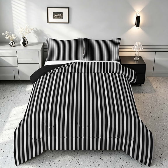 Manfei Geometric Stripe Full Size Comforter Sets, Gray Black White Minimalist Bedding Comforter Set, Black Reversible 3-Piece, 1 Comforter and 2 Pillowcases